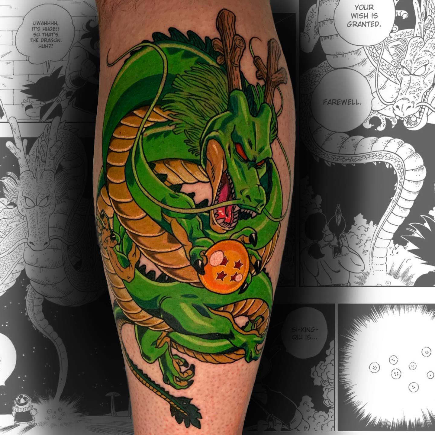 Bold Shenron tattoo on the leg, holding a glowing Dragon Ball